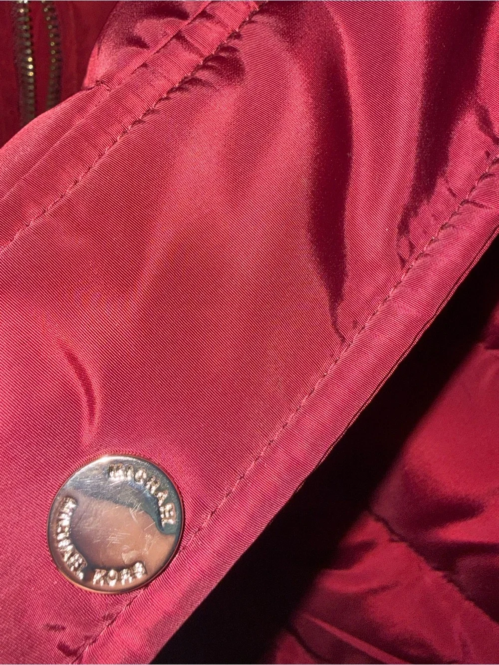 Michael Kors Wine-Red Quilted Puffer Coat with Faux-Fur Trim